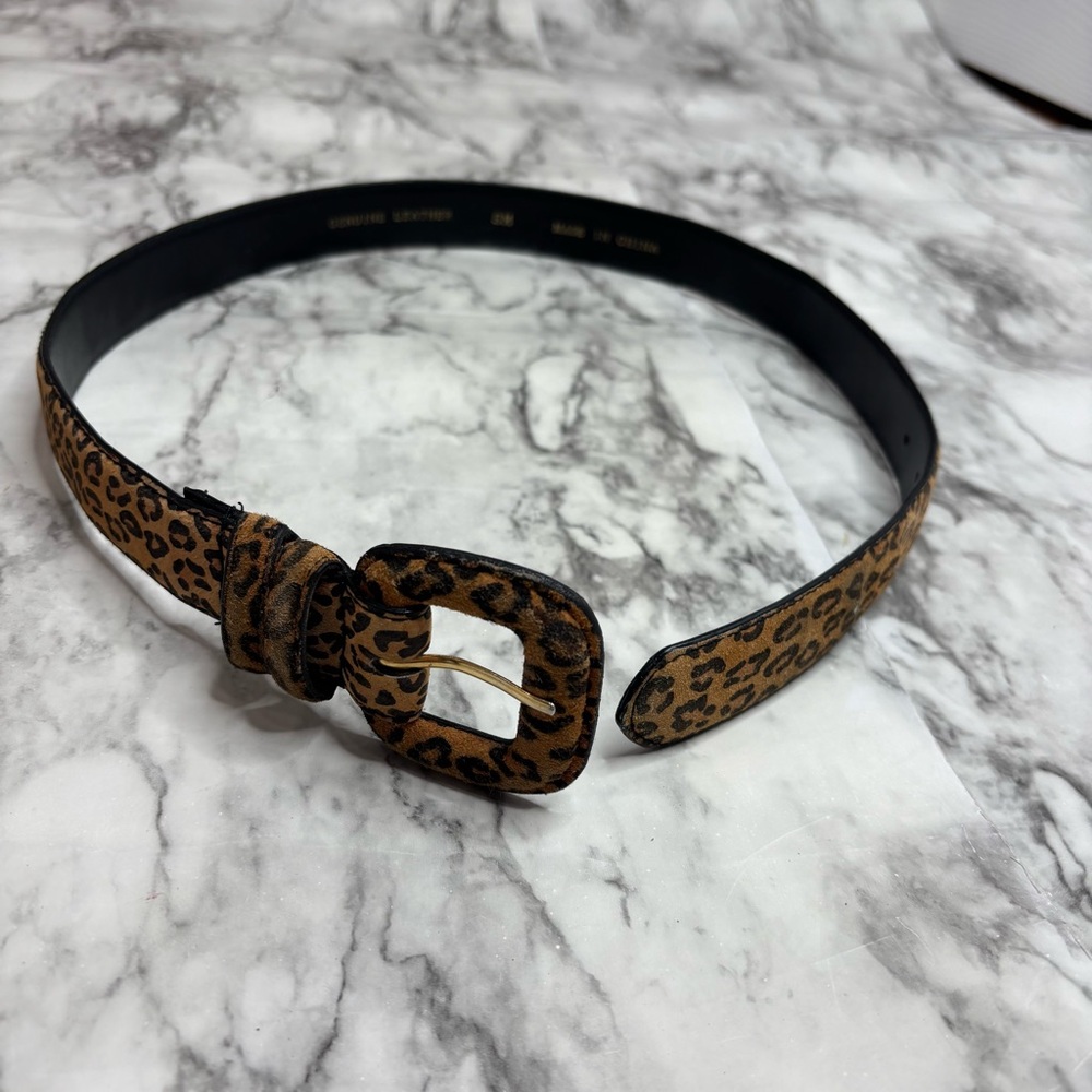 Vintage animal print genuine leather belt chunky buckle size small tan brown